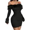 image:imageGORGLITTER Womens Off The Shoulder Feather Fur Dress Long Sleeve Bodycon Party Going Out Mini DressesBlack