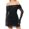 image:imageGORGLITTER Womens Off The Shoulder Mesh Mini Dress Long Sleeve Y2K Sexy Ruched Bodycon Birthday Club Party DressesSparkly Black