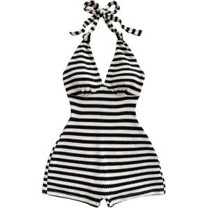 image:imageGORGLITTER Womens Backless Halter Shorts Rompers Dressy Summer Vacation Sexy Striped Open Back One Piece JumpsuitBlack and White