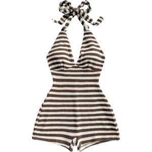 image:imageGORGLITTER Womens Backless Halter Shorts Rompers Dressy Summer Vacation Sexy Striped Open Back One Piece JumpsuitBrown and White