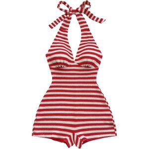 image:imageGORGLITTER Womens Backless Halter Shorts Rompers Dressy Summer Vacation Sexy Striped Open Back One Piece JumpsuitRed