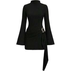 image:imageGORGLITTER Womens Bell Sleeve Bodycon Dresses Mock Neck Ruched Draped Textured Party Club Sexy Short Mini DressBlack