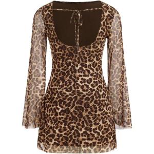 image:imageGORGLITTER Womens Cheetah Leopard Animal Print Dress Y2k Backless Mesh Long Sleeve Bodycon Mini DressesBrown