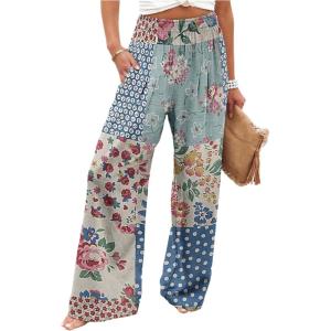 image:imageGORGLITTER Womens Floral Patchwork Pants Boho Colorblock High Waisted Wide Leg Trousers Beach Vacation PantsBlue