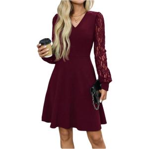 image:imageGORGLITTER Womens Lace Long Sleeve Mini Dress Elegant Classy Fall Casual V Neck Birthday Cocktail Dinner Party DressesBurgundy