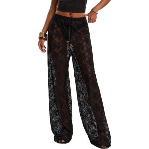 image:imageGORGLITTER Womens Lace Pants Sheer Mesh Floral Wide Leg Pants See Through Rave Bell BottomBlack