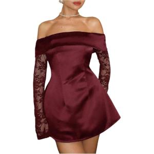 image:imageGORGLITTER Womens Lace Satin Birthday Dress Sexy Off Shoulder Mesh Long Sleeve Mini Dress Wedding Party Prom DressesBurgundy