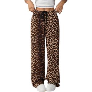 image:imageGORGLITTER Womens Leopard Cheetah Print Pants Trendy Animal Wide Leg Elastic Waist Drawstring Loose Joggers PantBrown Animal