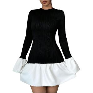 image:imageGORGLITTER Womens Long Sleeve Bubble Dress Fall Trendy Color Block Cocktail Birthday Dinner Going Out Mini DressesBlack and White