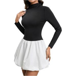 image:imageGORGLITTER Womens Long Sleeve Bubble Mini Dresses Elegant Classy Mock Neck Y2k Fall Cocktail Brunch Date Night DressesBlack and White