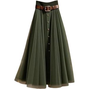 image:imageGORGLITTER Womens Mesh Pleated Long Flowy Skirt Fall Boho Color Block Patchwork High Waisted Button Down Maxi SkirtsArmy Green