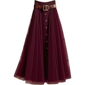 image:imageGORGLITTER Womens Mesh Pleated Long Flowy Skirt Fall Boho Color Block Patchwork High Waisted Button Down Maxi SkirtsBurgundy