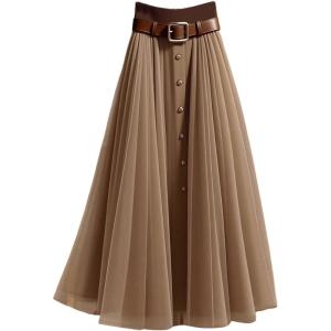 image:imageGORGLITTER Womens Mesh Pleated Long Flowy Skirt Fall Boho Color Block Patchwork High Waisted Button Down Maxi SkirtsMocha Brown