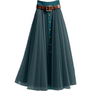 image:imageGORGLITTER Womens Mesh Pleated Long Flowy Skirt Fall Boho Color Block Patchwork High Waisted Button Down Maxi SkirtsTeal Blue
