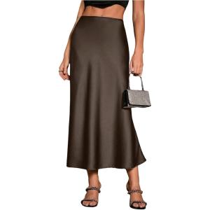image:imageGORGLITTER Womens Satin Maxi Skirts Going Out Outfits High Waisted Flowy A Line Silk Brunch Elegant Festival Long SkirtCoffee Brown