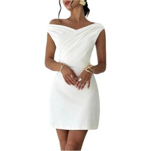 image:imageGORGLITTER Womens Sexy Off The Shoulder Bodycon Mini Dress Sleeveless Ruched Birthday Cocktail Party Pencil Short DressWhite