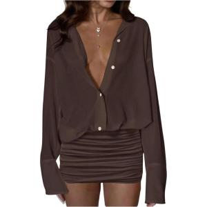 image:imageGORGLITTER Womens Sheer Button Down Shirt Dress Mesh Long Sleeve Ruched Bodycon Mini Dresses Sexy Summer Going Out OutfitsCoffee Brown