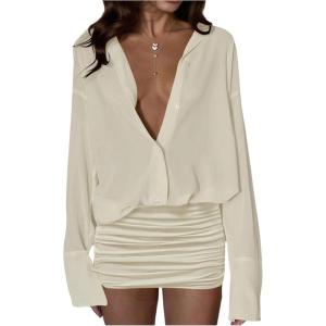 image:imageGORGLITTER Womens Sheer Button Down Shirt Dress Mesh Long Sleeve Ruched Bodycon Mini Dresses Sexy Summer Going Out OutfitsKhaki