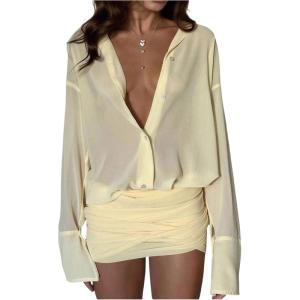 image:imageGORGLITTER Womens Sheer Button Down Shirt Dress Mesh Long Sleeve Ruched Bodycon Mini Dresses Sexy Summer Going Out OutfitsYellow