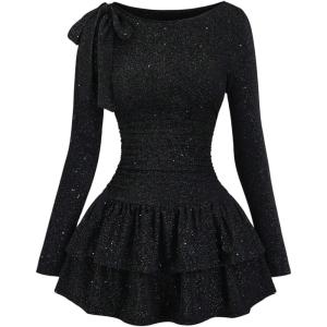 image:imageGORGLITTER Womens Sparkly Mini Dress Sexy Birthday Bow Long Sleeve Ruffle Glitter Sequin A Line Party Short DressesBlack