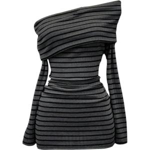 image:imageGORGLITTER Womens Y2k Off Shoulder Ribbed Mini Dress Long Sleeve Striped Bodycon Sweater DressesBlack and Grey