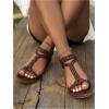 image:imageGORGLITTER Womens Gladiator Braided Roman Ankle Strap Sandals Leather Open Toe Summer Vacation Flats Sandals 2025Brown