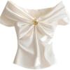 image:imageGORGLITTER Womens Satin Silk Bow Blouse Dressy Short Sleeve V Neck Business Casual Shirts Quiet Luxury ClothesWhite