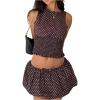 image:imageGORGLITTER Womens Skirt Sets 2 Piece Sleeveless Cinched Waist Crop Tops Mini Bubble Skirt Polka Dots Vacation OutfitsBrown