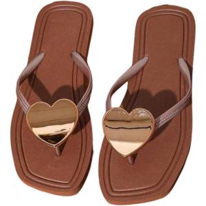 image:imageGORGLITTER Womens Cute Flat Sandals Summer Beach Square Toe Flip Flops Vacation Heart Thong Flat Sandals Casual SlidesCoffee Brown