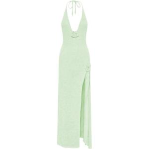 image:imageGORGLITTER Womens Flower Bow Halter Bodycon Maxi Dress Backless V Neck Sleeveless Summer Beach Vacation SundressesMint Green