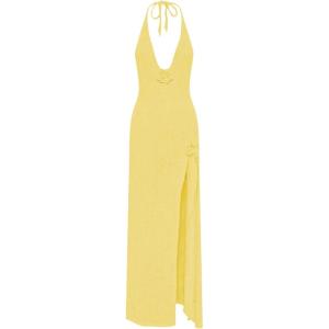 image:imageGORGLITTER Womens Flower Bow Halter Bodycon Maxi Dress Backless V Neck Sleeveless Summer Beach Vacation SundressesMustard Yellow