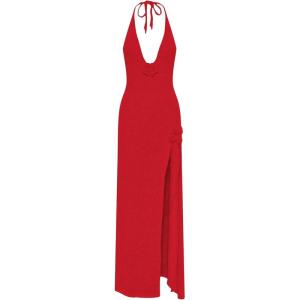 image:imageGORGLITTER Womens Flower Bow Halter Bodycon Maxi Dress Backless V Neck Sleeveless Summer Beach Vacation SundressesRed