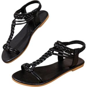 image:imageGORGLITTER Womens Gladiator Braided Roman Ankle Strap Sandals Leather Open Toe Summer Vacation Flats Sandals 2025Black