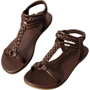 image:imageGORGLITTER Womens Gladiator Braided Roman Ankle Strap Sandals Leather Open Toe Summer Vacation Flats Sandals 2025Brown