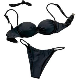 image:imageGORGLITTER Womens High Cut 2 Piece Bikini Swimsuits Braided String Push Up Underwire Cheeky Swimwear SetBlack