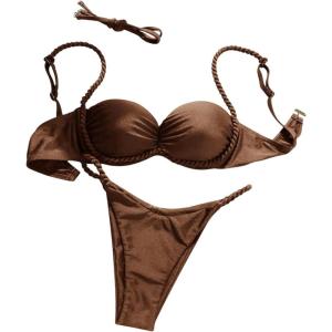image:imageGORGLITTER Womens High Cut 2 Piece Bikini Swimsuits Braided String Push Up Underwire Cheeky Swimwear SetBrown