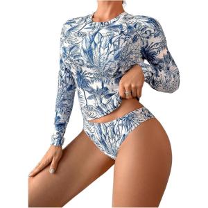 image:imageGORGLITTER Womens Long Sleeve Swimsuit Graphic Rash Guard Swim Shirt Surf Swimwear 2 Piece Bikini SetsBlue and White
