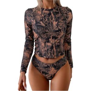 image:imageGORGLITTER Womens Long Sleeve Swimsuit Graphic Rash Guard Swim Shirt Surf Swimwear 2 Piece Bikini SetsMulticolor