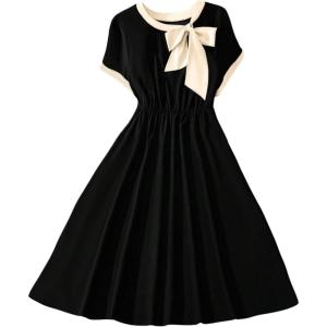 image:imageGORGLITTER Womens Plus Size Bow Neck Short Sleeve Cocktail Midi Dresses Elegant Classy Summer Teacher Long Dress 2025Black