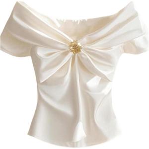 image:imageGORGLITTER Womens Satin Silk Bow Blouse Dressy Short Sleeve V Neck Business Casual Shirts Quiet Luxury ClothesWhite