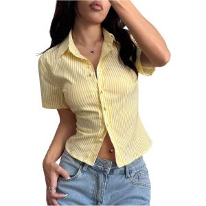 image:imageGORGLITTER Womens Summer Y2k Button Down Shirt Cute Short Sleeve Striped Fitted Crop Tops Vacation Going Out OutfitsYellow