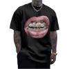 image:imageGORGLITTER Mens Lip Pattern Graphic Tees Loose Short Sleeve Crewneck T Shirts Streetwear TopBlack Letter