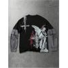 image:imageGORGLITTER Mens Y2k Goth Shirt Jersey Letter Graphic Color Block Oversized Long Sleeve Crewneck Vacation Tee TopsBlack 2 in 1