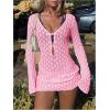 image:imageGORGLITTER Womens Crochet Bikini Cover Up Dress Cut Out Long Sleeve Beach Bathing Suit Swimsuit OutfitsPink
