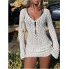 image:imageGORGLITTER Womens Crochet Bikini Cover Up Dress Cut Out Long Sleeve Beach Bathing Suit Swimsuit OutfitsWhite
