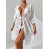 image:imageGORGLITTER Womens Mesh Swimsuit Coverup 34 Sleeve Drawstring Bikini Bathing Suit Swim Suits Beach Cover Ups KimonosWhite