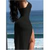 image:imageGORGLITTER Womens Textured Double Slit Beach Cover Ups Dress Cutout Deep V Halter Crochet Swimwear CoverupsBlack