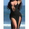 image:imageGORGLITTER Womens Textured Double Slit Beach Cover Ups Dress Cutout Deep V Halter Crochet Swimwear CoverupsBlack