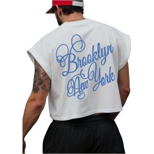 image:imageGORGLITTER Mens Cap Sleeve Cropped Tee Top Unisex Crew Neck Dolman Sleeve Oversized T ShirtWhite and Blue
