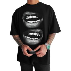 image:imageGORGLITTER Mens Lip Pattern Graphic Tees Loose Short Sleeve Crewneck T Shirts Streetwear TopBlack